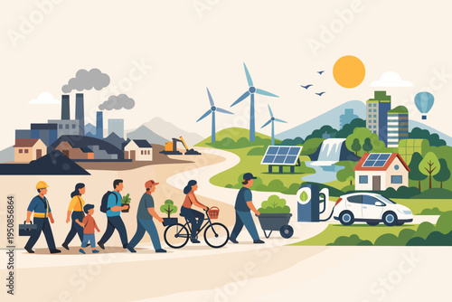 Just Transition to Sustainability: Diverse People and Workers Moving from a Polluted Industrial Landscape to a Green Future with Renewable Energy, Wind Turbines, Solar Panels and Electric Cars.