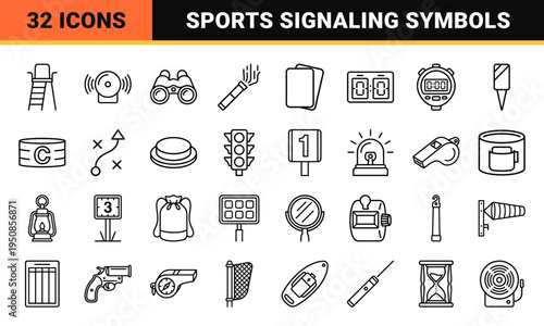 Professional Referee Signaling Symbols and Sports Officiating Equipment Outlines in Minimalist Technical Monoline Aesthetic for UI Design