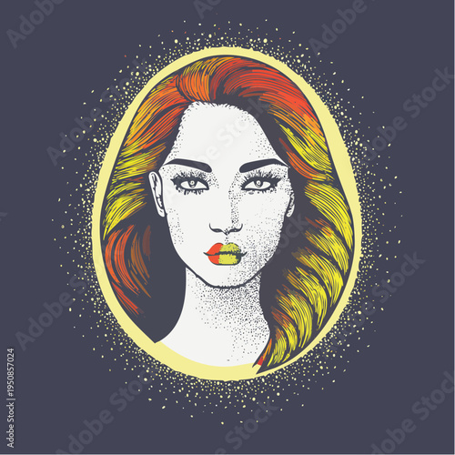 a radiant stippled portrait framed in glowing color, capturing high‑art drama and the opulent allure of modern illustration