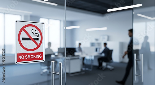 No smoking sign affixed to glass door with office visible beyond on transparent background