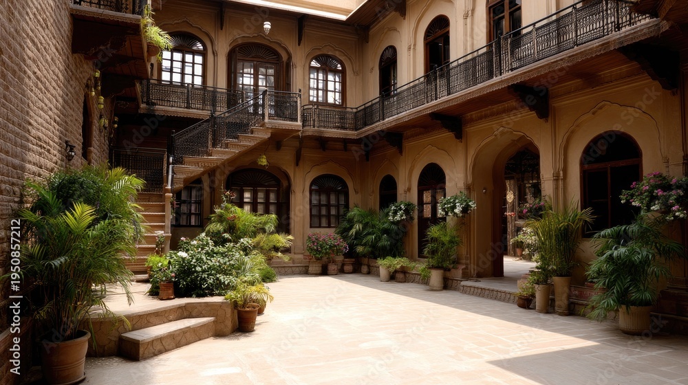 Fototapeta premium Beautiful Historic Courtyard with Plants and Architectural Details in a Traditional Building