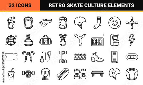 Roller Skating Lifestyle Monoline Symbols Professional Quad Skate Rink Culture Vector Outline Graphics High legibility Minimalist Technical Art