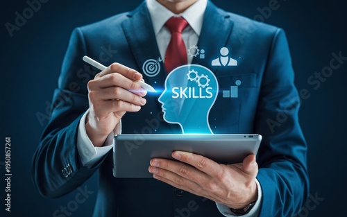 Businessman in blue suit develops skills with digital interface on tablet symbolizing professional growth and learning in a modern corporate environment