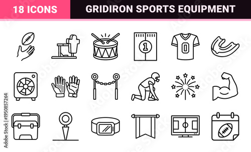 American Football Monoline Icon Set featuring Minimalist Gridiron Equipment, Player Actions, and Championship Symbols for Sports Media Design