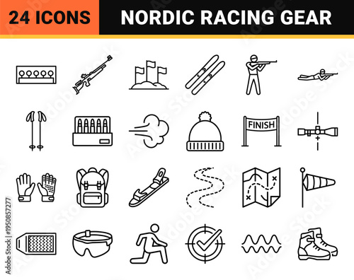 Biathlon Winter Sports Technical Monoline Symbols featuring Precision Shooting Targets Skiing Equipment and Nordic Racing Gear Outline Art
