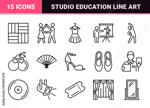 Ballroom Dancing Performance and Arts Instruction Monoline Outlines for Professional Studio Branding and Educational Choreography Diagrams