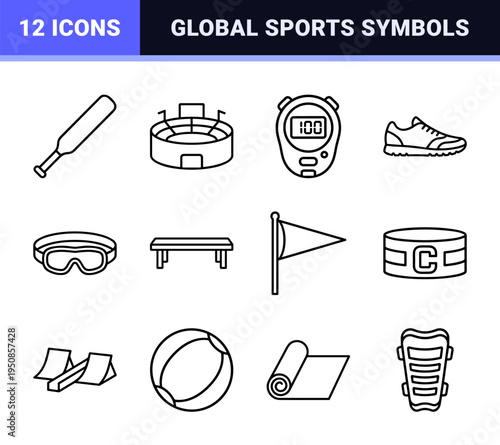 Athletic Equipment and Global Sports Symbols in Sophisticated Monoline Style for Professional Tournament Branding and Web Interface Design