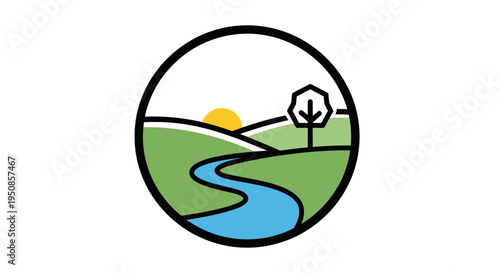 Sunrise over rolling hills with a serene river flowing through AiZaSyBVm757CnfUJlckycs7mUCSrrBJqwS1oAs green landscape