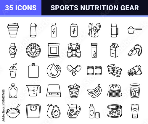 Technical Monoline Sports Hydration Symbols Featuring Athletic Water Bottles, Protein Shakers, and Nutrition Supplements in Minimalist Style