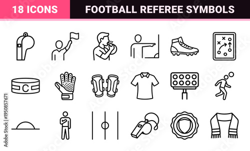 Soccer Match Officials and Gameplay Technical Monoline Symbols for Athletic Training Apps and Sports Broadcast Interface Design