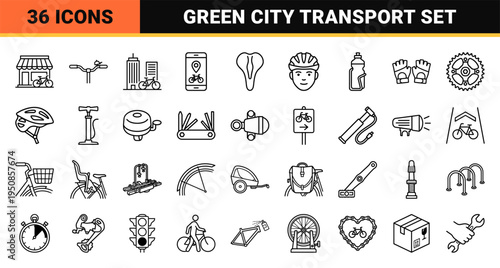 Urban Cycling and Eco-Friendly Commuting Monoline Outline Symbols for Sustainable Transportation and Active Lifestyle Mobile App Interface Design
