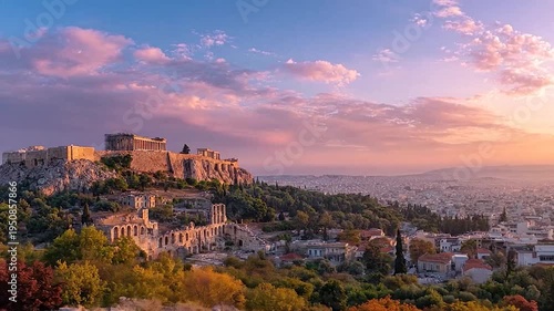 Ancient stone ruins on a hill overlooking a sprawling cityscape at sunset