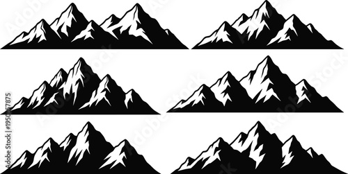 Set of mountain range silhouettes vector illustration featuring six rocky peaks for outdoor adventure and nature logo design background