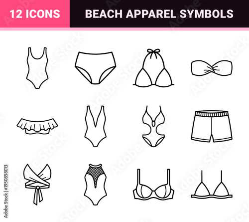 Minimalist Beachwear and Swimsuit Line Art Symbols featuring Monoline Summer Apparel and Swimwear Fashion Elements for Retail and E-commerce