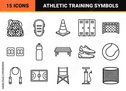 Technical Monoline Sports Training Equipment Symbols featuring Athletic Gear and Field Practice Essentials in a Minimalist Vector Style.