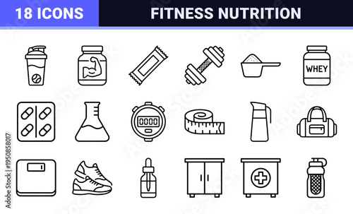 Fitness Supplement and Sports Nutrition Technical Monoline Outlines for Bodybuilding Wellness and Performance Enhancing Product Branding Design