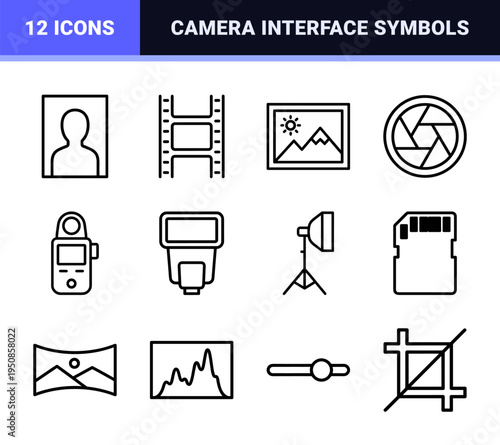 Photography and Media Management Outline Symbols for Digital Workflow Interface and Software Design Featuring Technical Monoline Aesthetic
