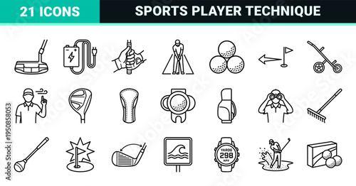 Professional Golf Technique and Equipment Monoline Icons Featuring Player Silhouettes Club Heads and Course Essentials in Minimalist Style