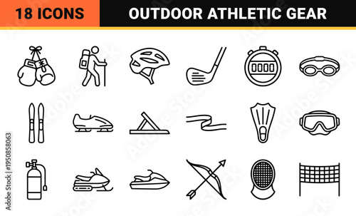 Outdoor Fitness and Competitive Sports Monoline Symbols for Interface Design Featuring Minimalist Athletic Equipment and Activity Outlines