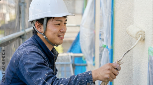 Wallpaper Mural ローラーでペンキを塗る塗装工：外壁塗装の工事現場 Torontodigital.ca