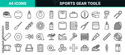 Professional Racket Sports Maintenance Line Art Representing Stringing Tools and Court Accessories in a Sophisticated Monoline Aesthetic.