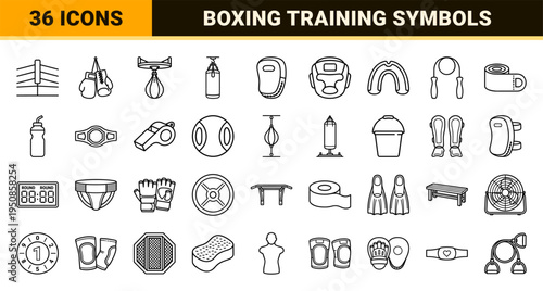 Combat Sports Equipment and Boxing Training Symbols in Technical Monoline Aesthetic for Commercial UI Design and Fitness Branding Guidelines.