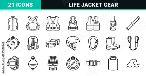 Life Vest and Maritime Safety Monoline Outline Symbols, Technical Outdoor Gear and Buoyancy Aid Visual DNA, Minimalist Protective Apparel.