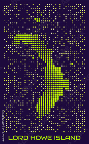 Lord Howe Island dots map. Australia. Digital style boundary shape. Lord Howe Island map and title lime colored square dots with round corners. Stylish Vector Illustration.