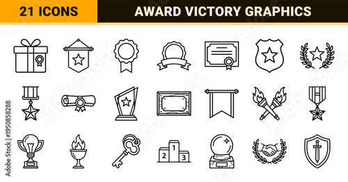 Success and Achievement Monoline Symbols featuring Award Trophies, Victory Medals, and Professional Certification Seals in Minimalist Outline Style