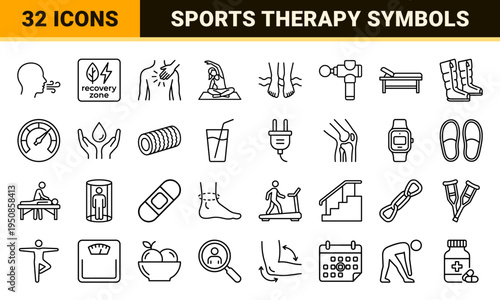 Professional Sports Recovery and Wellness Center Monoline Outline Symbols for Physical Therapy Rehabilitation and Post-Workout Care Signage