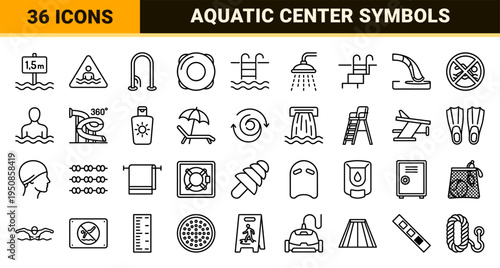 Professional Aquatic Facility and Swimming Pool Service Line Icons featuring Minimalist Monoline Symbols for Navigation and Water Safety.