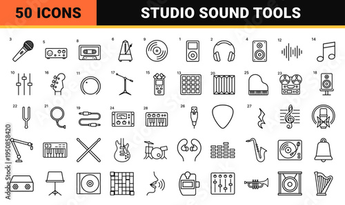 Technical Monoline Audio Engineering Symbols Featuring Minimalist Music Production Equipment and Studio Hardware in a Sleek Outline Aesthetic