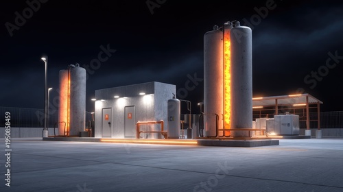 Industrial Gas Facility at Night with Bright Lights and Modern Equipment for Energy Production