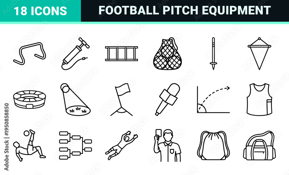 Obraz premium Soccer Tournament and Field Sports Monoline Symbols Featuring Corner Flags, Game Equipment, and Tactical Elements in Minimalist Outline Style.