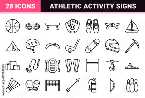 Professional Community Sports and Youth Athletics Outline Icons Featuring Minimalist Monoline Aesthetic for Educational and Recreational Use