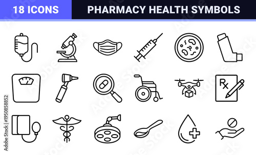 Pharmaceutical Healthcare Linear Symbols for Medical App Design and Pharmacy Signage featuring Monoline Aesthetic and Technical Precision.