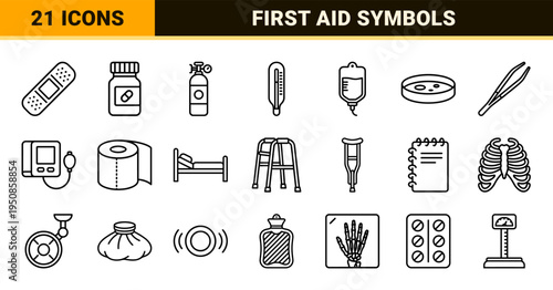 Emergency Medical Services and First Aid Line Art; Technical Monoline Healthcare Symbols for Clinical Diagnostics and Hospital Care Utility.