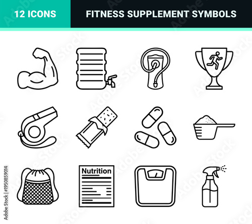 Professional Fitness Nutrition and Athletic Recovery Monoline Symbols for Sports Supplements Health Tracking and Workout Equipment Visuals