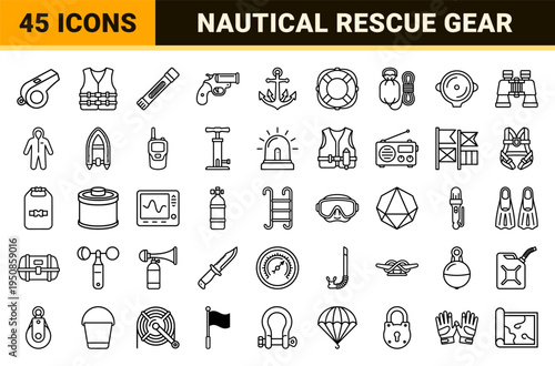 Marine Safety Equipment and Nautical Rescue Symbols in Technical Monoline Aesthetic with High Clarity Outline Geometry for Commercial Navigation.