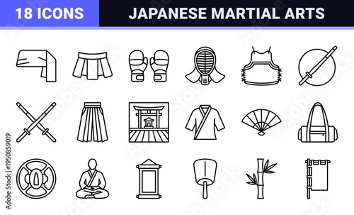 Traditional Kendo Equipment and Japanese Martial Arts Monoline Outline Symbols for Dojos and Sports Branding Technical Minimalist Line Art.