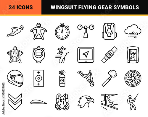 Extreme Wingsuit Flight and Skydiving Monoline Symbols, Minimalist Outline Graphics for Air Sports and High-Altitude Base Jumping Utility