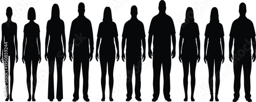Set of ten diverse people silhouettes standing in a row, adult men and women group figures isolated on white background, people.
