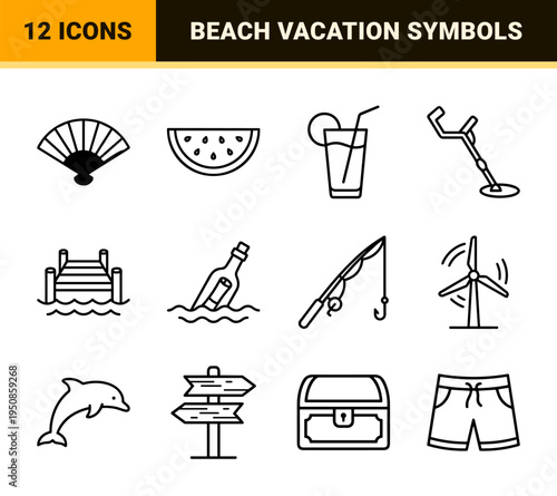 Minimalist Coastal Leisure Monoline Outlines for Beach Vacation UI Design and Summer Travel Graphics featuring High Clarity Visual DNA Symbols.