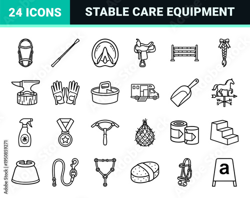 Equestrian Sports Monoline Outline Symbols Featuring Horse Care Equipment and Riding Gear in a Minimalist Technical Vector Style.