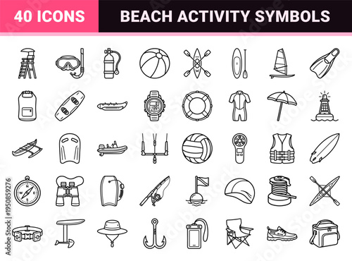 Coastal Recreation and Water Sports Technical Monoline Symbols. Minimalist Outline Style for Marine Activity and Summer Vacation Equipment.