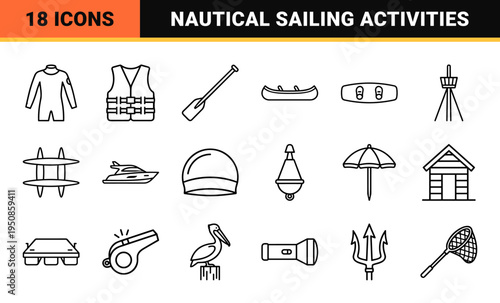 Nautical Adventure Monoline Symbols for Water Sports Gear and Maritime Navigation Activities Technical Outline Style