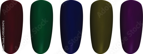 Set of five dark colored nail polish swatches on white background.