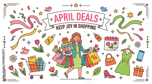 April Deals Shopping Banner with Happy Woman