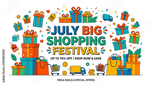 July Big Shopping Festival Banner With Presents and Discounts