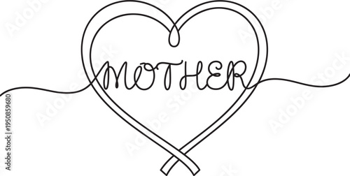 Continuous line art forming a heart shape around the word MOTHER, representing the core of family and love.